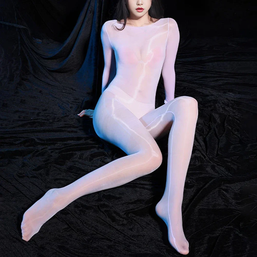 

Men Women Oily Shiny Utra-Thin Bodysuit Transparent Full Bodystocking Party Club Silky Tight Jumpsuit Elastic Open Crotch Romper