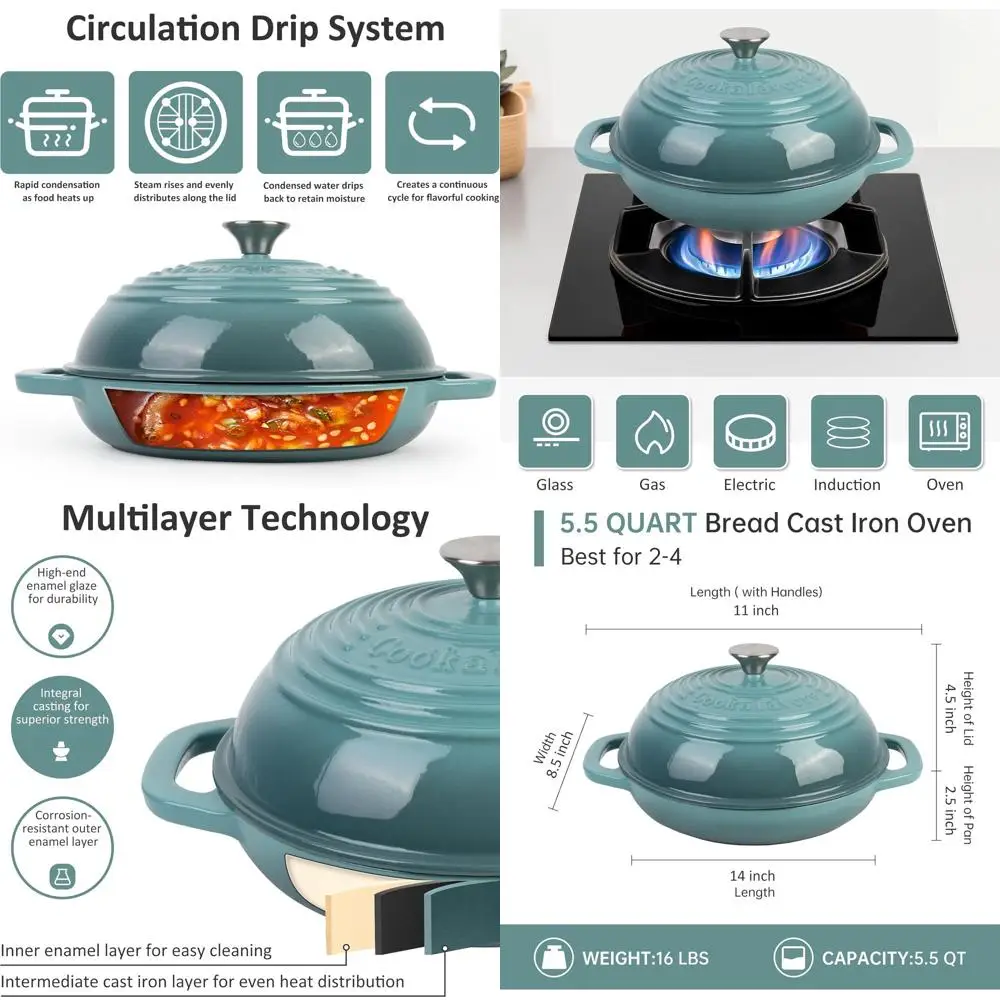 

Премиальная эмалированная чугунная жаровня для выпечки хлеба | Овальная хлебопекарная форма с антипригарным покрытием, 5QT, с крышкой | Идеально подходит для хлеба на закваске, хлеба в формах, а также для других видов хлеба.