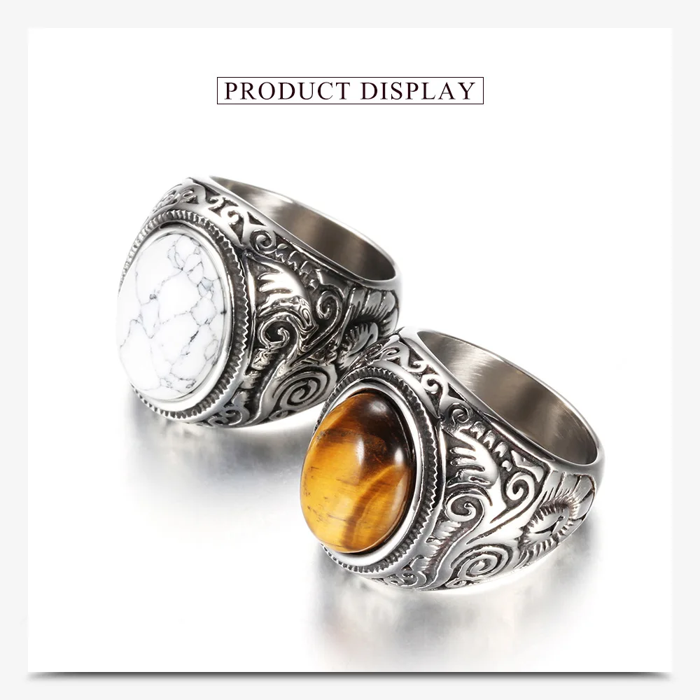 HNSP 316L Stainless Steel Natural Stone Vintage Ring For Men Women Tiger Eyes Black Stone Jewelry Accessories