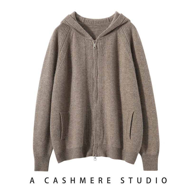 

High-end 100% Cashmere Hooded Cardigan Women Autumn Winter Thick Sweater Comfort Zippers Casual Knitted Hoodie Fashion Tops