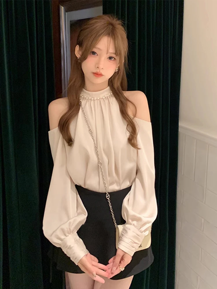 

Spring 2026 Women's Long Sleeve Neck Hanging Shoulder Shirt Design Sense Fashion Slimming Chiffon Top Korean Style Commute Wind