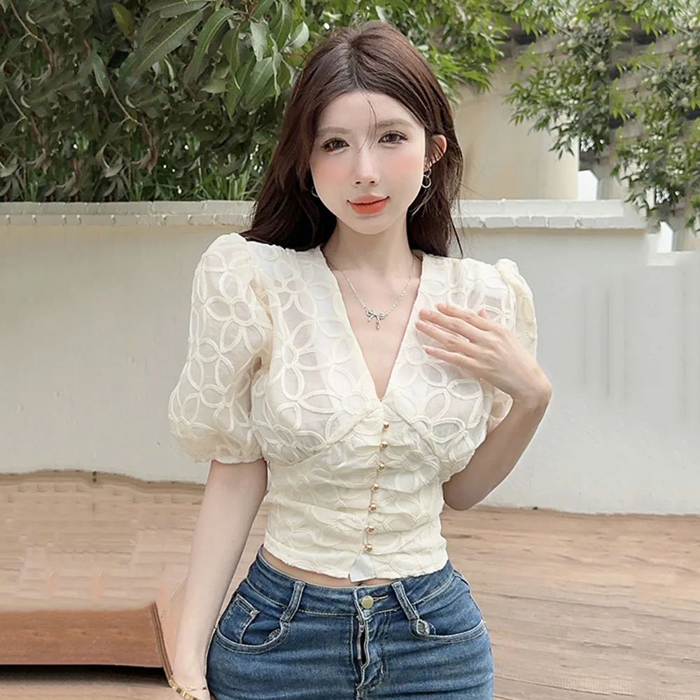 French Style Bubble Sleeves Blouses For Women Sexy V-neck Slim Shirt  Chic Tops Sweet Ladies Summer Elegant Metal Button Blusa