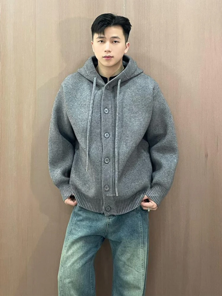 

American Sle Thiened Hooded Cardigan Knitted Sweater Men's Autumn Winter Button ey Casual Wear Resistant Polyester Fiber