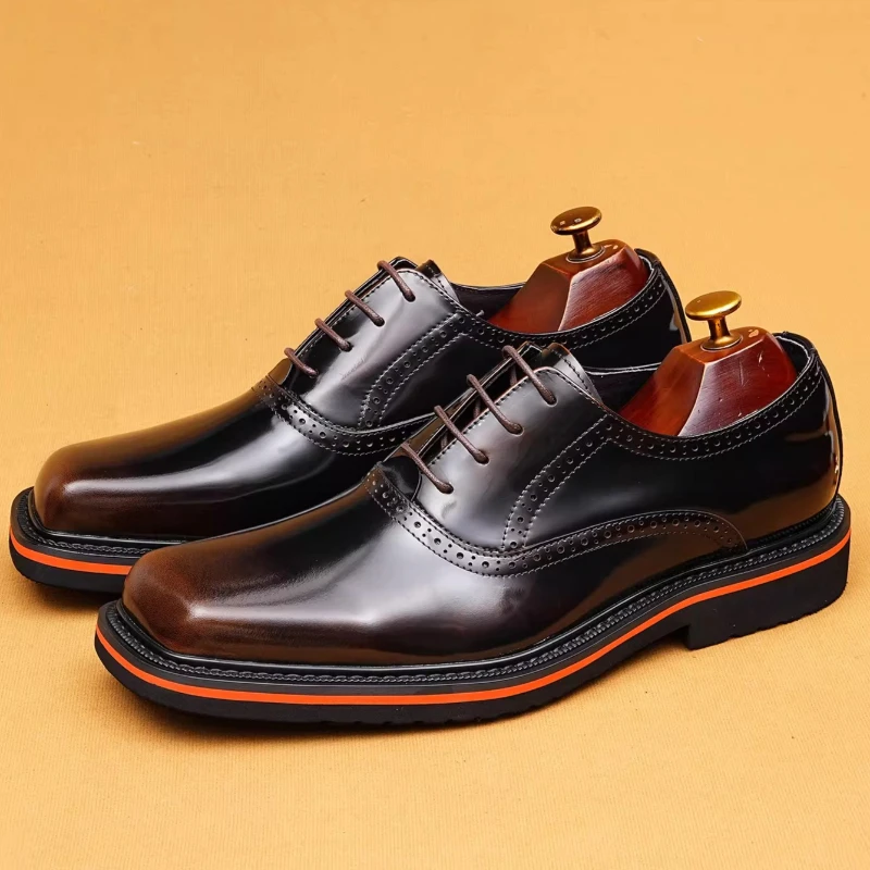 Men's Dress Shoes Square Head Oxford Shoe Genuine Leather Breathable Comfortable Business Height Increasing Wedding Derby Shoes