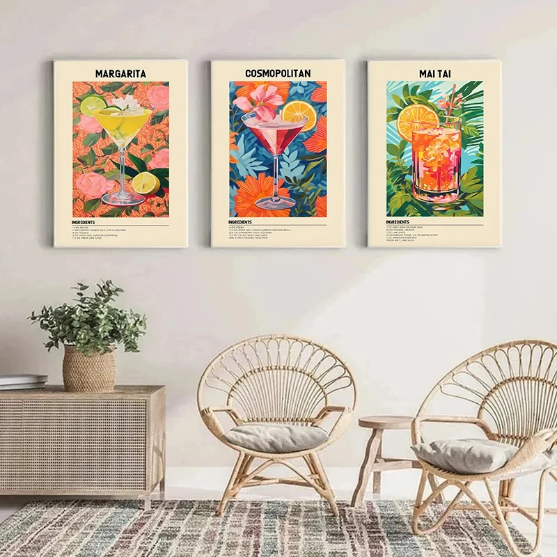 Vintage Tropical Leaves Beach Cocktail Aperol Spritz Mojito Botanical Poster Canvas Painting Wall Art Pictures Home Bar Decor