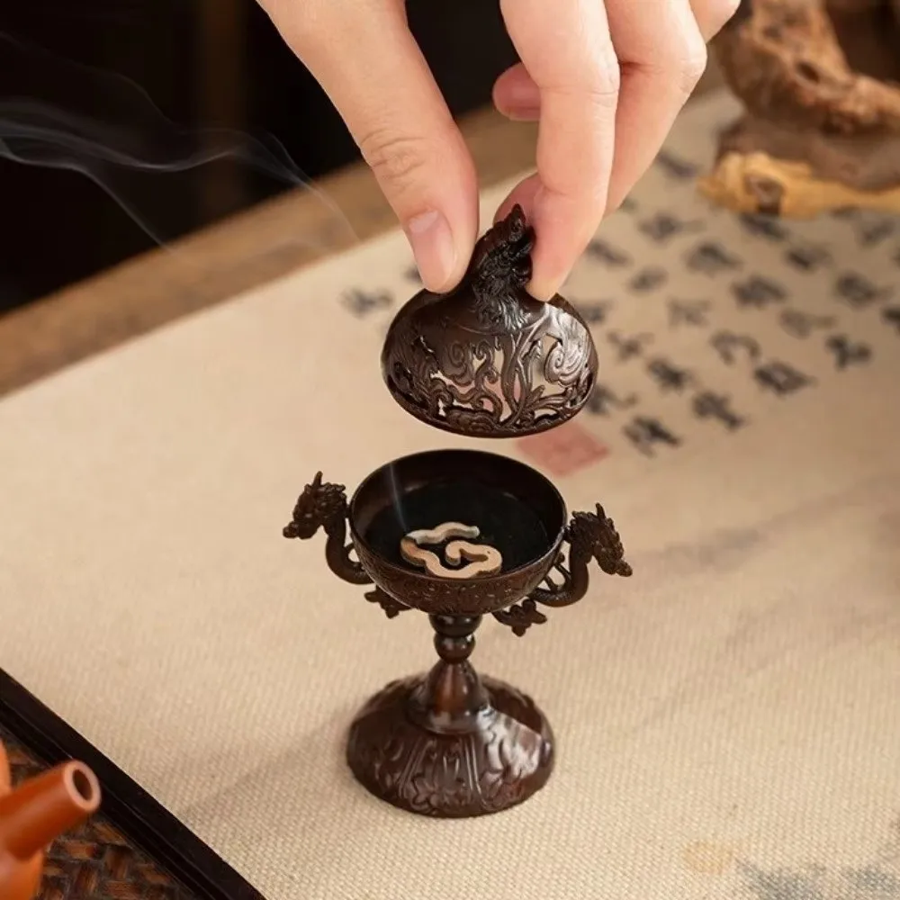 Alloy Alloy Incense Burner Hollow Out With Lid Sandalwood Incense Burner Double Dragon Pattern High Foot Incense Burner