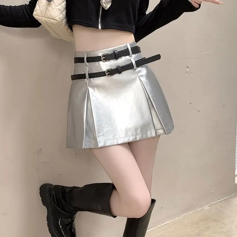 

Fashionable Faux Leather Mini Skirts Spring Autumn Double Belted Women's Clothing Folds Hotsweet Bag Hip Aura High Waist Skirts