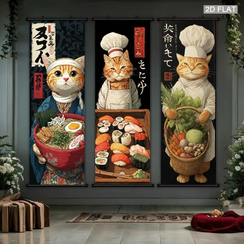 VIKAMA Ginger Cat Chef Wall Tapestry Sushi Noodle Vegetable Japanese Scroll Art Home Decor Retro Style Soft Durable Cozy Gift