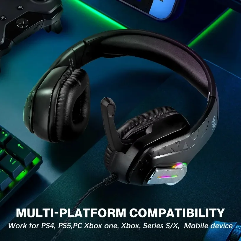 Cyberpunk RGB Gaming Headset Gradient Flow Light 40mm Stereo Sound Clear Mic for PS5 PC Xbox Mecha Design Glasses Friendly