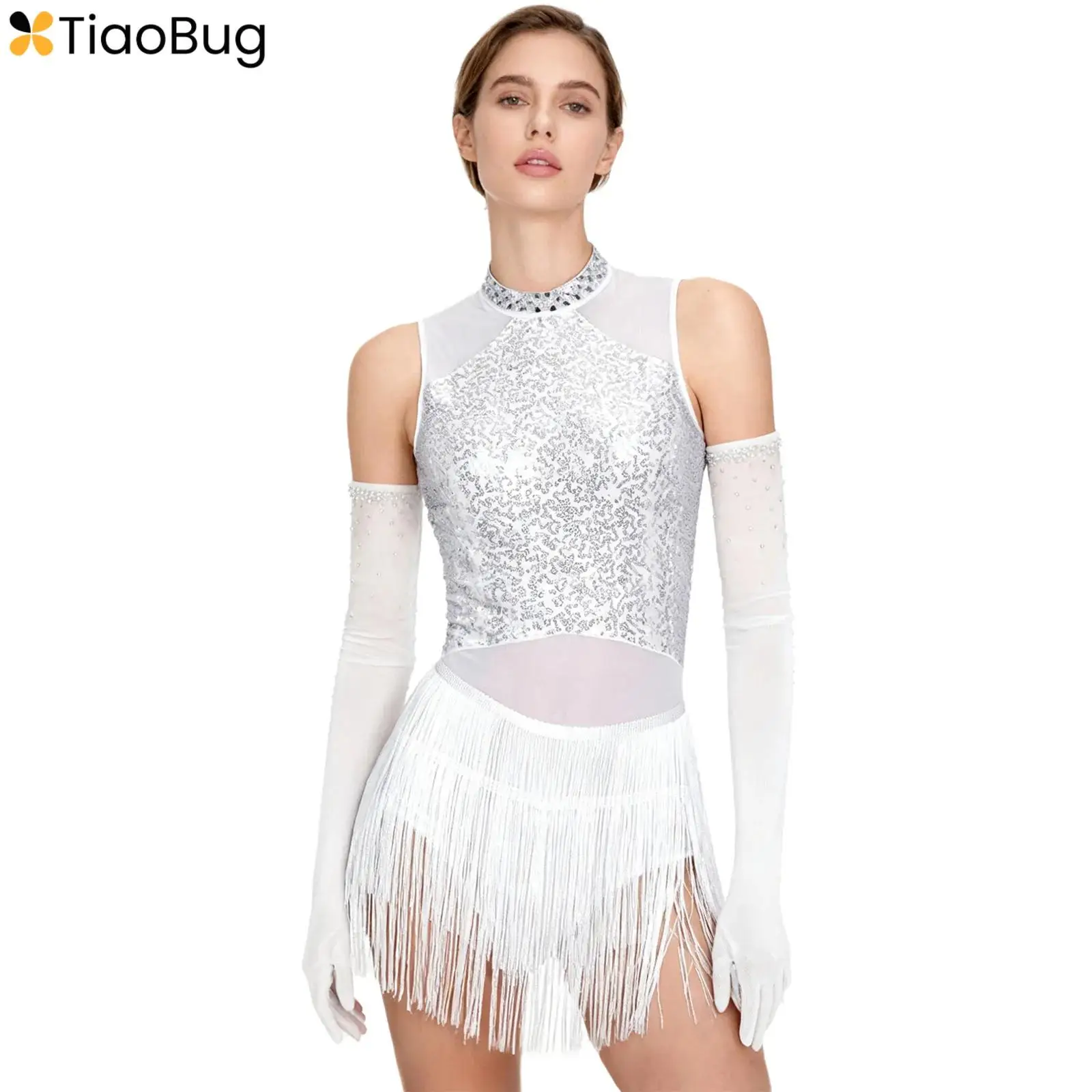 

Womens Latin Tango Dance Costumes 2-Piece Shiny Sequins Fringed Skirted Leotard Dress+Gloves Set for Rumba Cha-Cha Dancewear