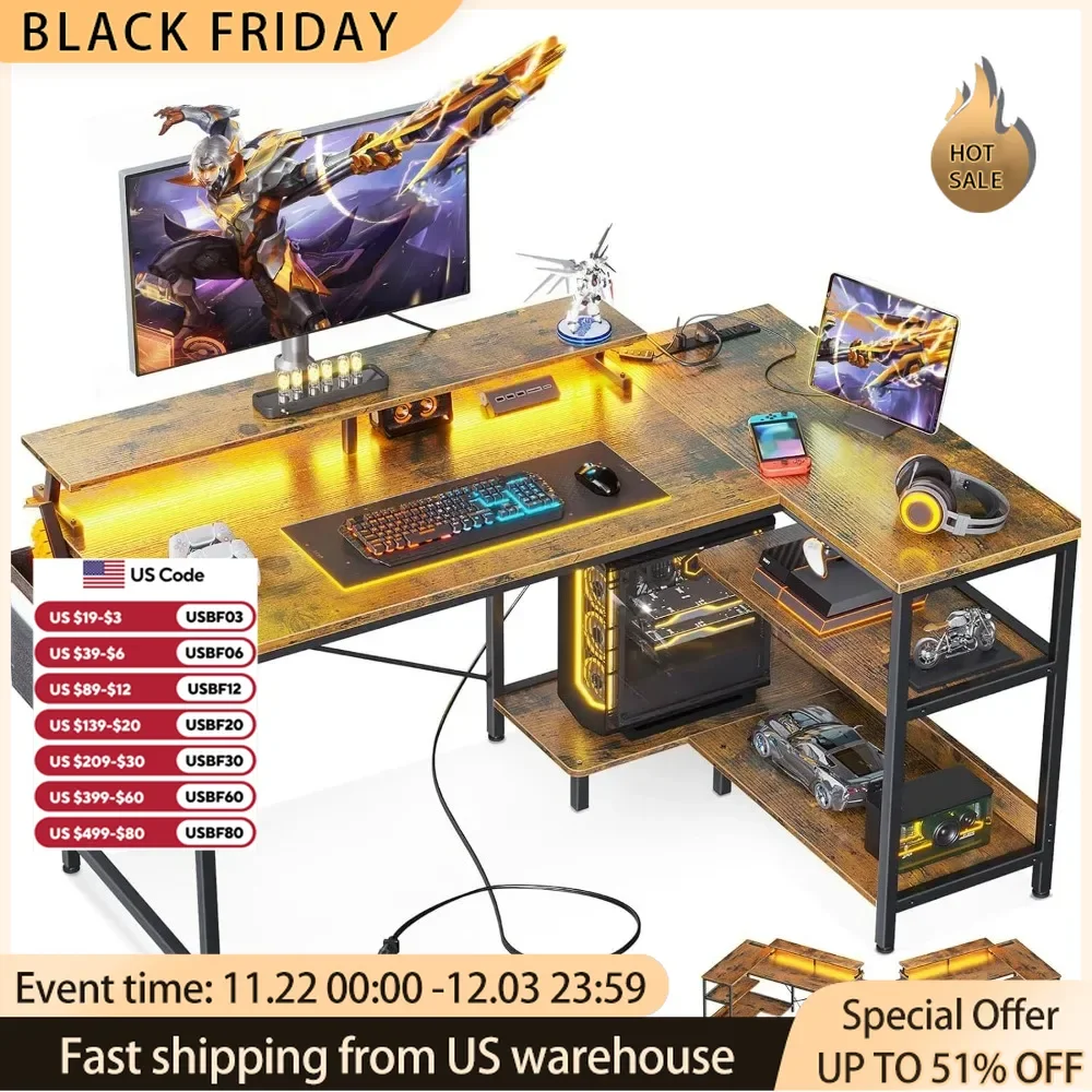 

Gaming Desk with USB Charging Ports and LED Lights, Reversible L Shaped Computer Desk, Corner Home Table with Power Outlets