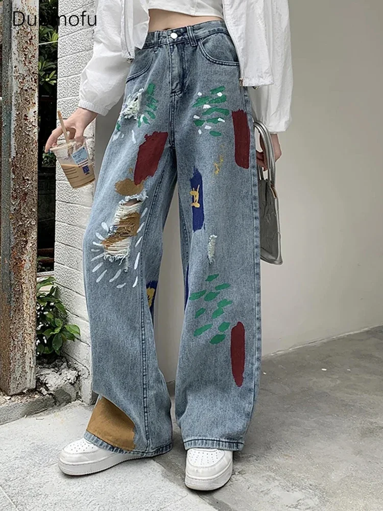 

Duomofu Autumn Classic Straight Loose Ripped Jeans for Women New Spell Color Simple Graffiti Fashion Female High Waisted Jeans