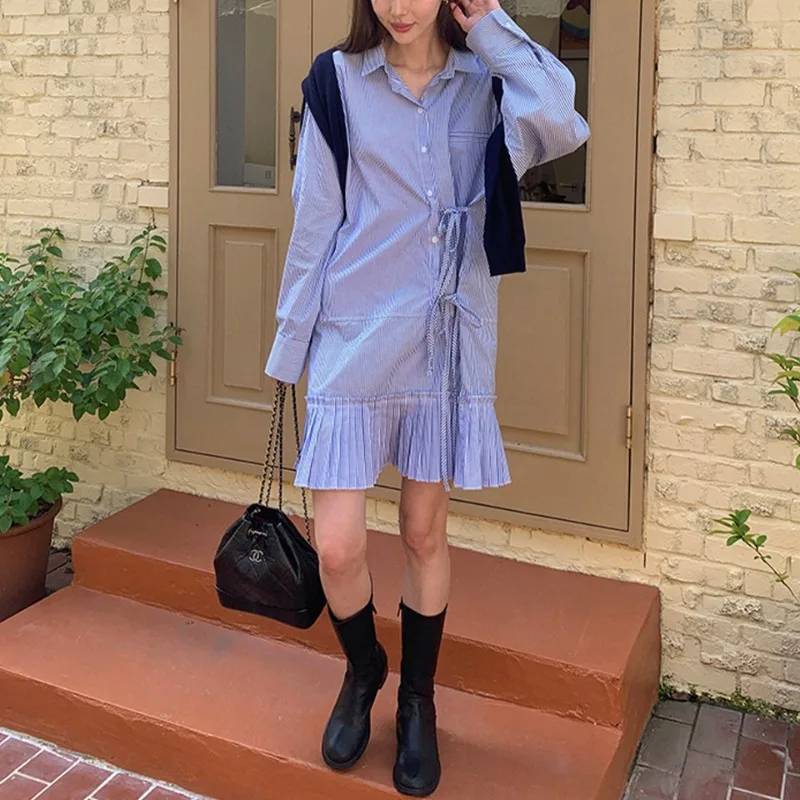 

Korean Harajuku Shirt Dress for Women Polo Turn Down Collar Long Sleeve With Ruffled Pleated Blue Striped Casual Fashion Vestido