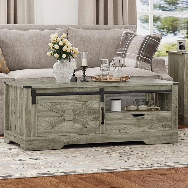 

RoyalCraft Farmhouse Coffee Table with Storage and Sliding Barn Door, 48'' Rustic Living Room Table with Open Shelves