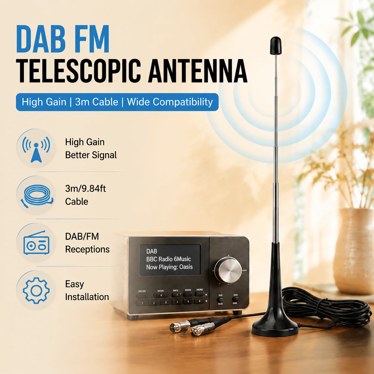 75ohm FM Telescopic Antennas Household Amplified Antennas with 3 Adapters FM Radio Antennas DAB FM Antennas High Gains Tools