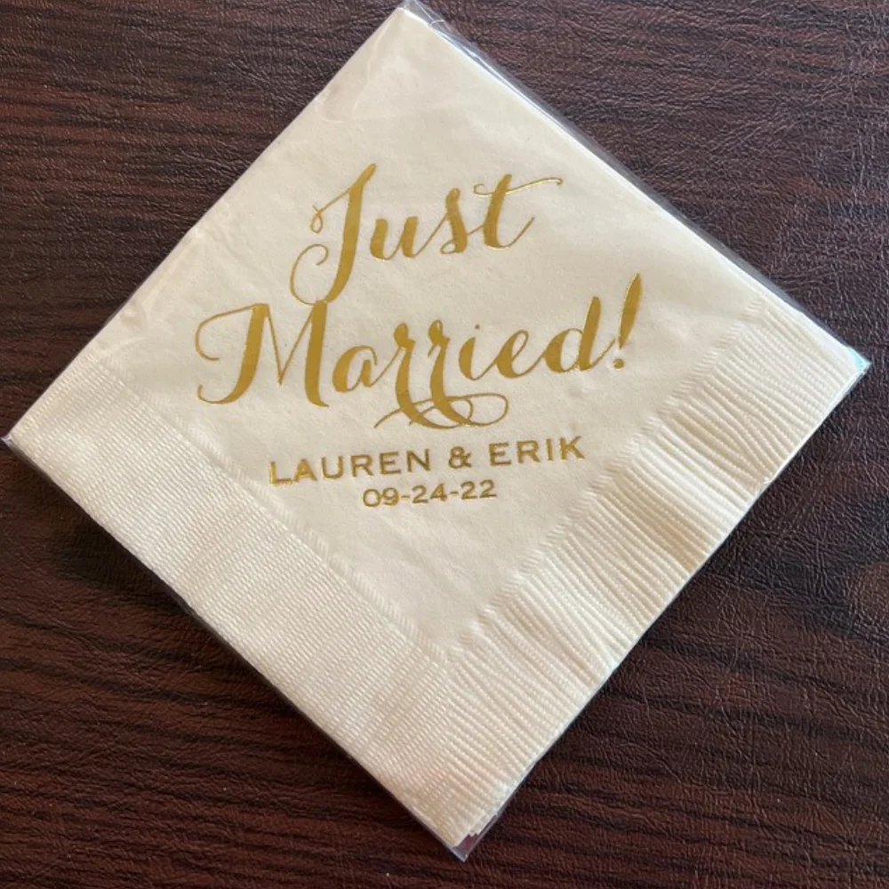 50pcs Just Married Napkins, Personalized Cocktail Napkins, Beverage, Gold Foil Napkins, Drink Napkins, Shower Napkins, Mr & Mrs