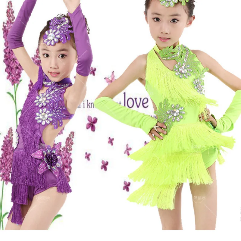 child kid children professional latin dance dress for girls ballroom dancing dresses for kids red sequin fringe salsa JustSaiyan