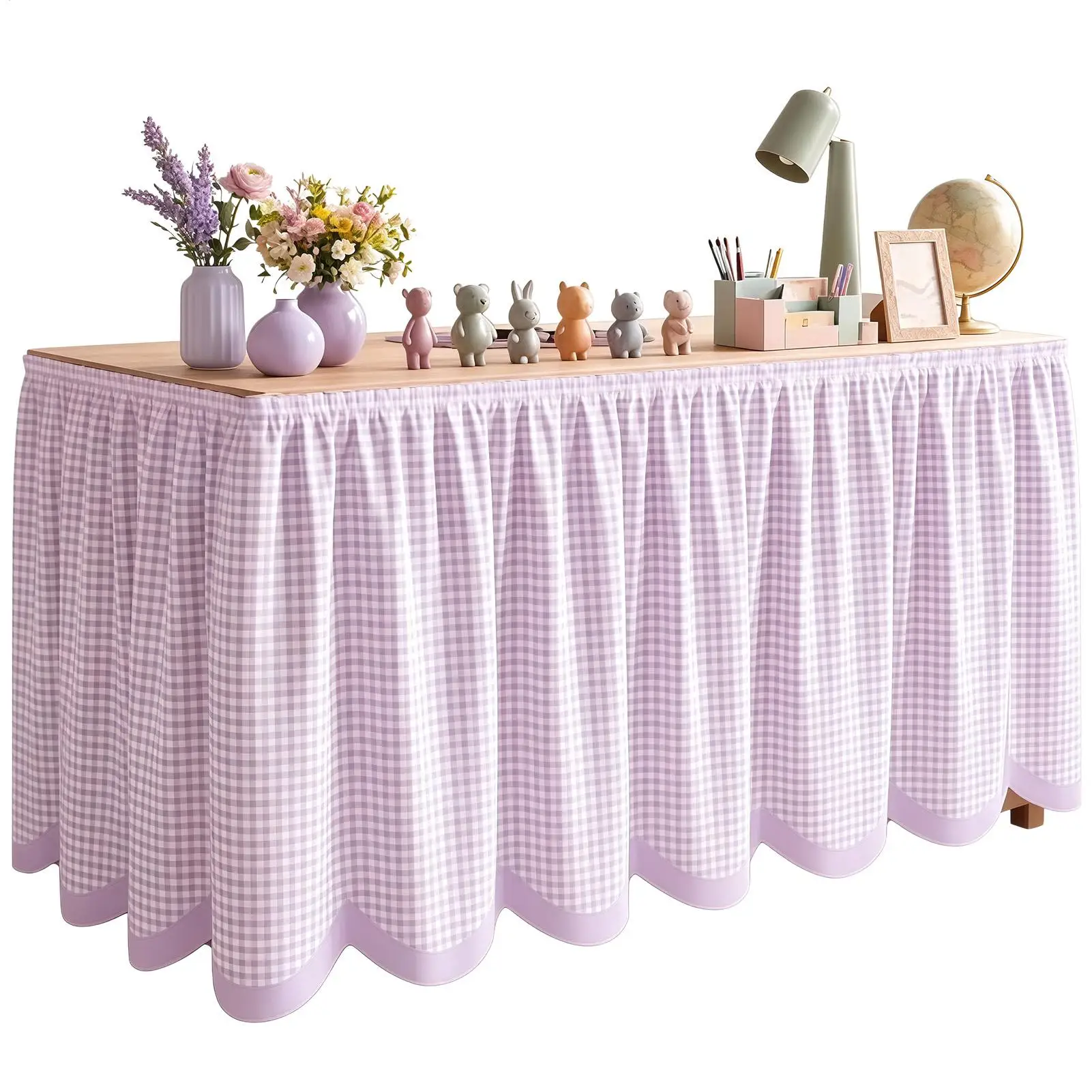 Teacher Desk Skirt 6FT Checkered Ruffled Tablecloth Decoration Desk Sleeve For Office Festivals Parties Classroom School