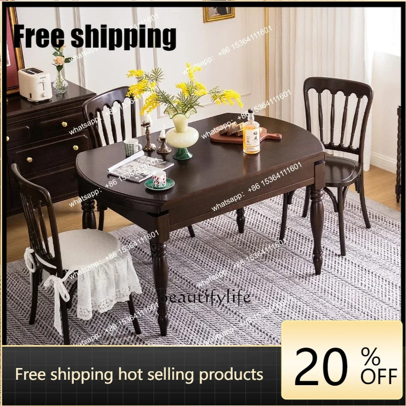 HJ French retro solid wood folding dining table rectangular retractable round table  household small apartment
