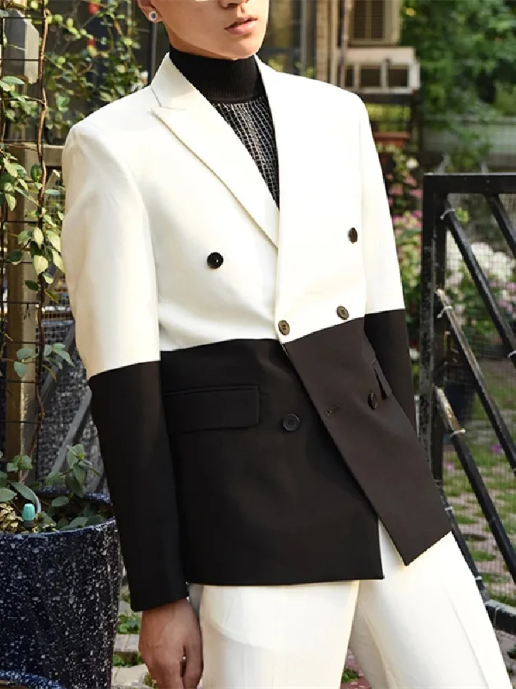 Modern Men's Suit 2 Pieces Blazer Pants Double Breasted Peaked Lapel Business Spliced FormalWedding Groom Tailored Costume Homme