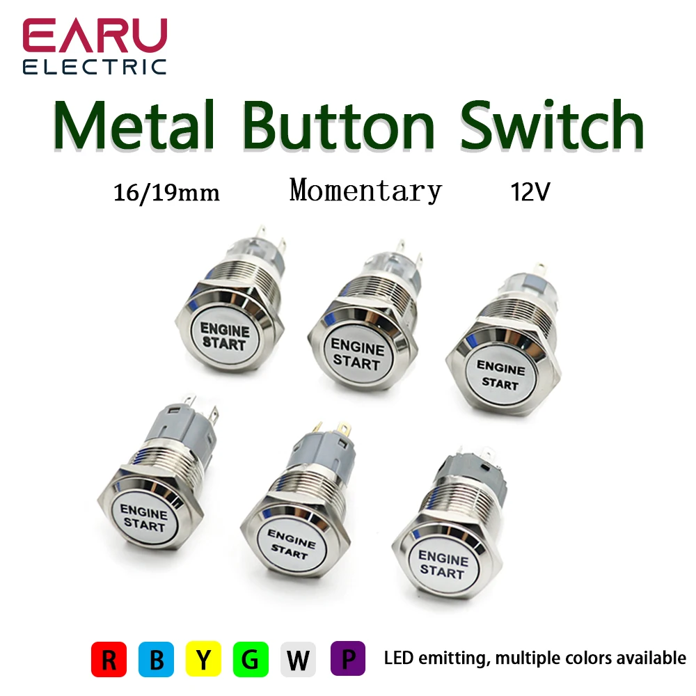 16mm 19mm Metal Button Switch With Light Engine Start Icon Momentary 12V Waterproof Switch Red Yellow Green Blue White Purple