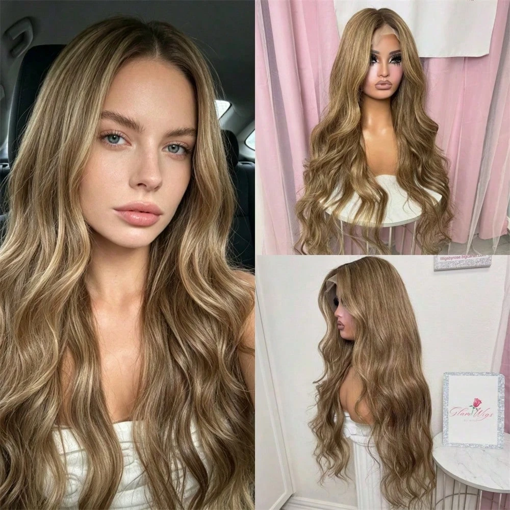 High Quality Wig Ombre Caramel Brown with Blonde Streak Synthetic Wig Realistic look Long Length Wigs Blended Human Hair Cosplay