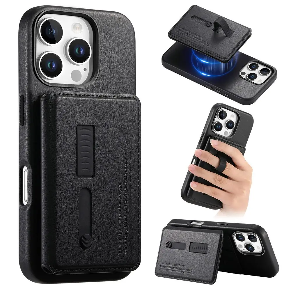 

Solid Color Leather Magnetic Phone Cover for iPhone Air 17 16 15 14 Plus 13 Pro Max with 2 in 1 Wallet Card Case Holder
