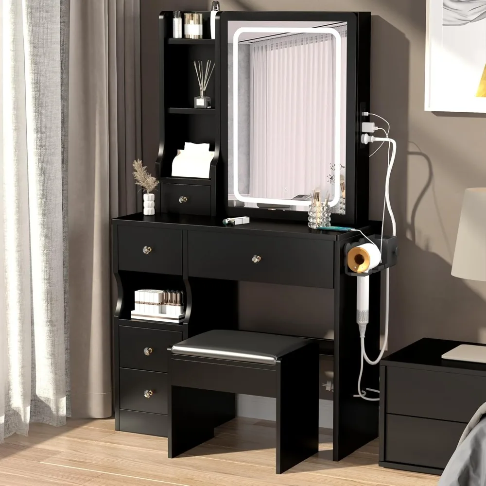 

Small dressing table with mirror and light, black dressing table with power supply, hair dryer stand