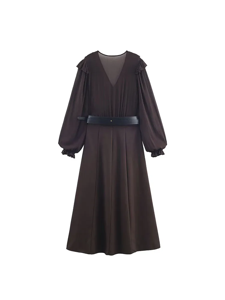 HH امرأة الموضة الأنيقة طويلة الأكمام الخامس طوق حزام مطوي الدانتيل الديكور الربط تنورة طويلة الربيع الإناث تنورة ضئيلة عادية