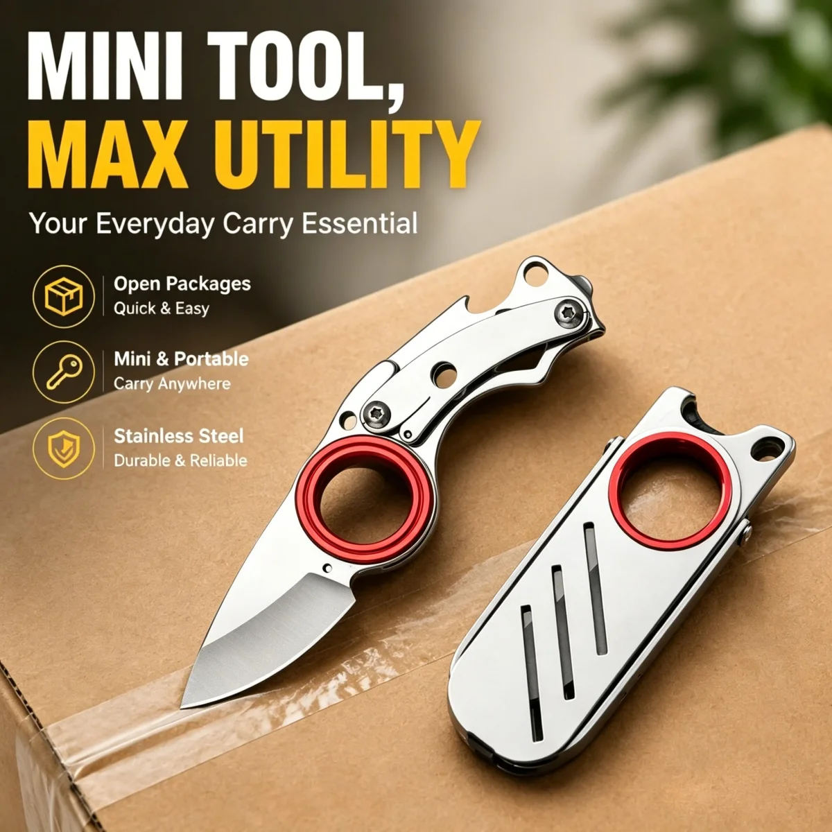 NEW Mini Folding Knife Stainless Steel EDC Keychain Tool, Portable Multi-purpose Box Cutter for Package Opening, Home Use Tool