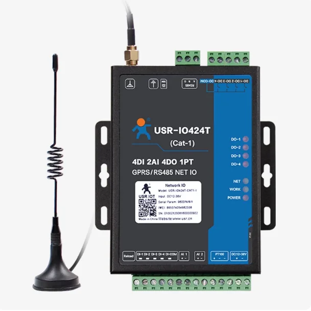 USR-IO424T-EWR 4-Ch Network IO Controller with WiFi Ethernet RS485, 4DI/4DO/2AI/1PT Modbus RTU/TCP