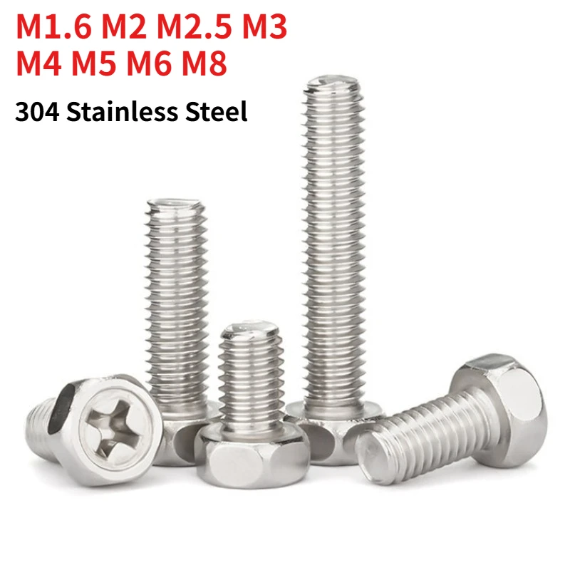 M1.6 M2M2.5M3M4M5M6M8 304 Stainless Steel Hex Head Bolt with Cross Recess DIN 933 Phillips Indented Hexagon Screw A2-70 Fastener