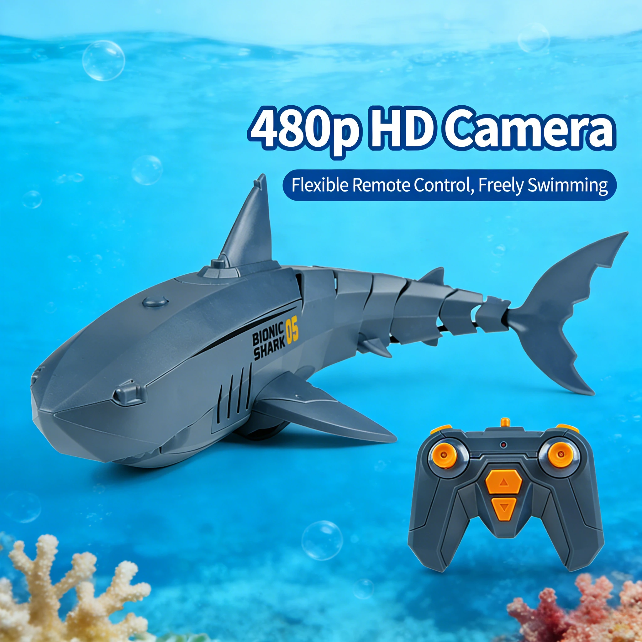 480P水中カメラ付きRC潜水艦 - 子供向けリモコンシャークロボットボートおもちゃ