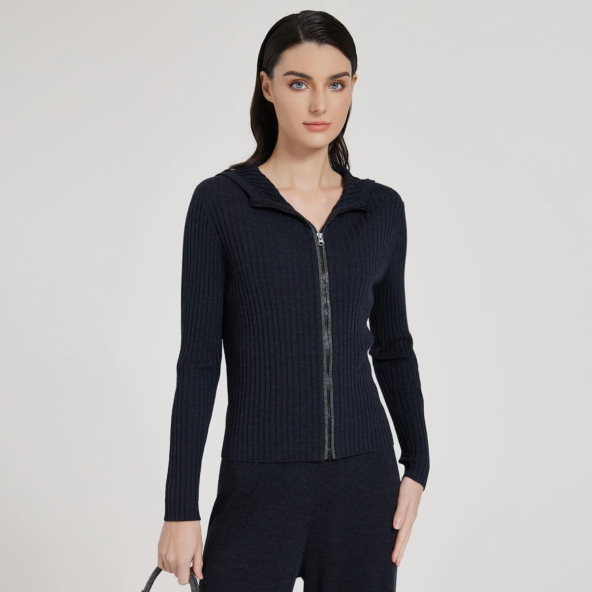 BC1036 high-quality luxury women\'s V-neck long sleeved knitted cardigan spring 30% silk 70% wool sweater hoodie
