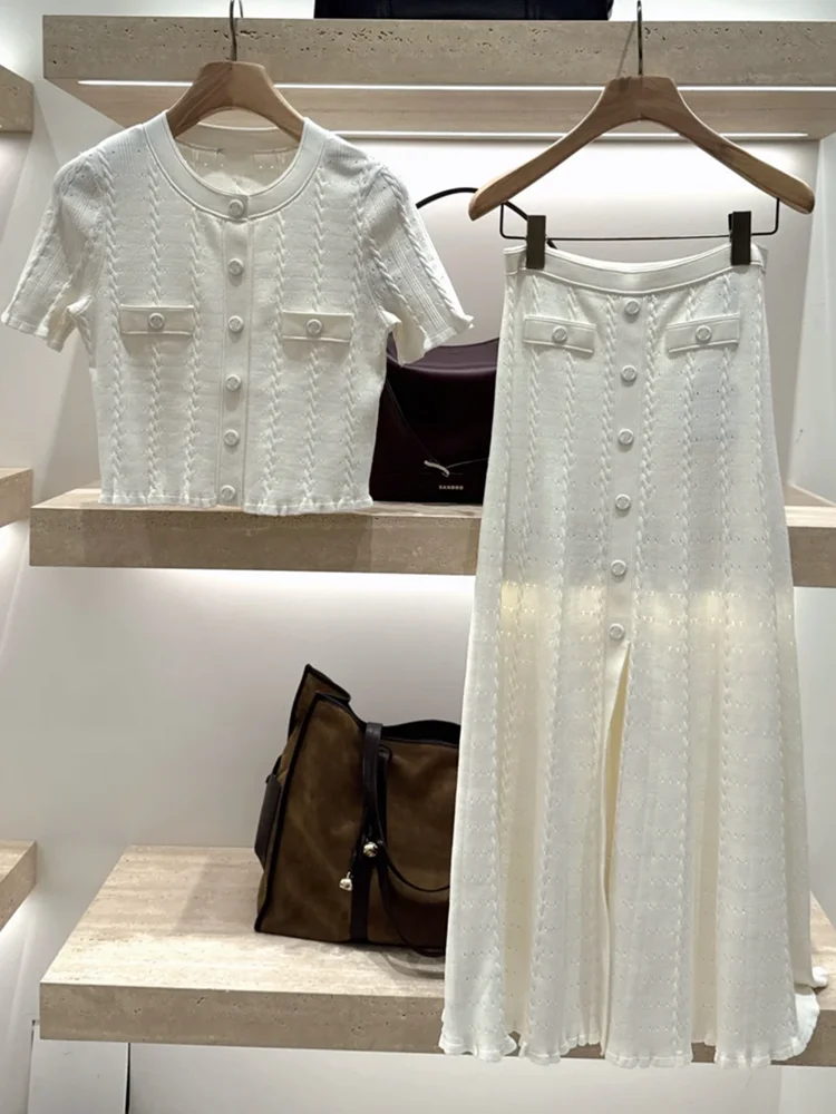High-End Version European Style Women's Short Sleeve Knitted Open Cardigan Top Half-length Skirt Set Elegant Fashion Ensemble