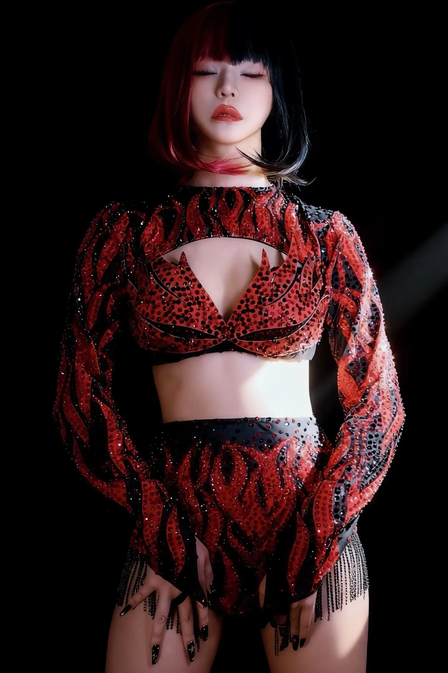 HongYun Fashion Women Party Dress Set Red Rhinestone Exposed Navel Top Super Shorts Sexy Bar Stage Performance Outfit Prom Gowns