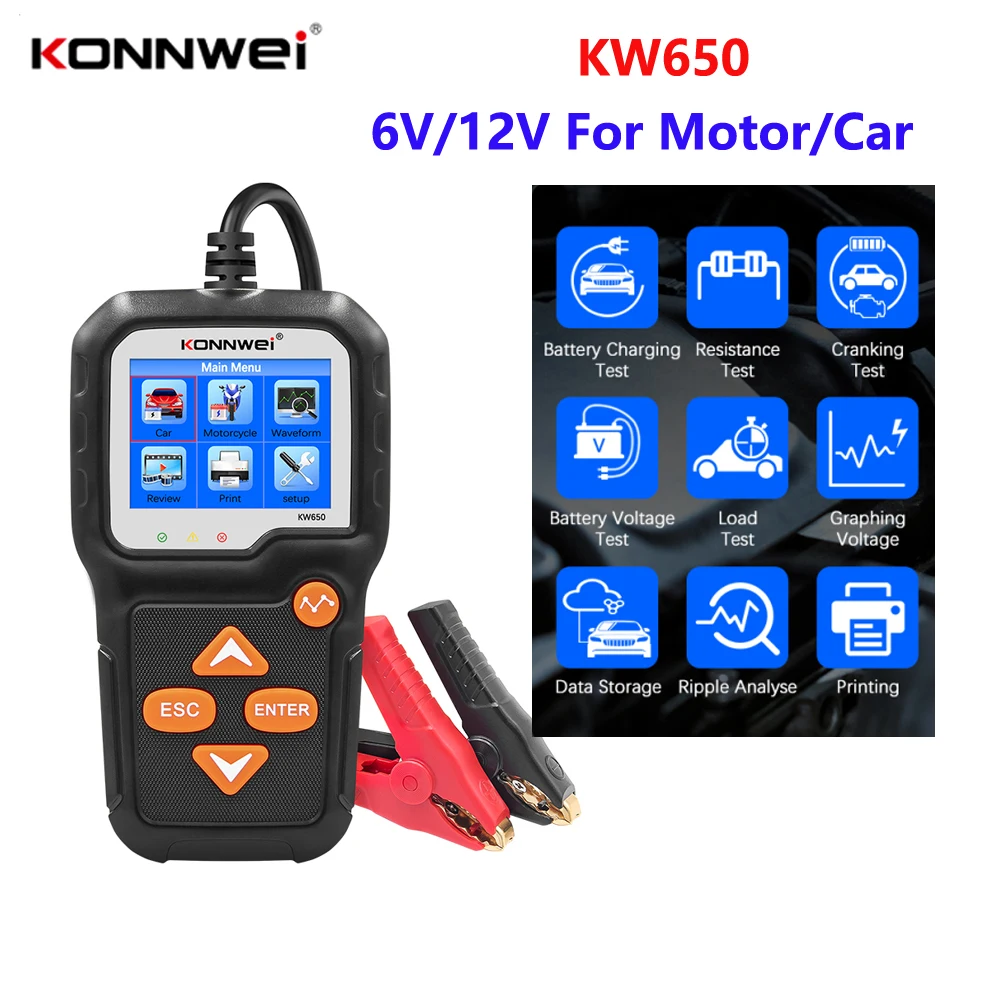 KONNWEI KW650 Tester akumulatora samochodowego i motocyklowego 6V 12V Analizator akumulatora samochodowego 100 do 2000 CCA Narzędzie do testowania ładowania rozruchowego samochodu Moto