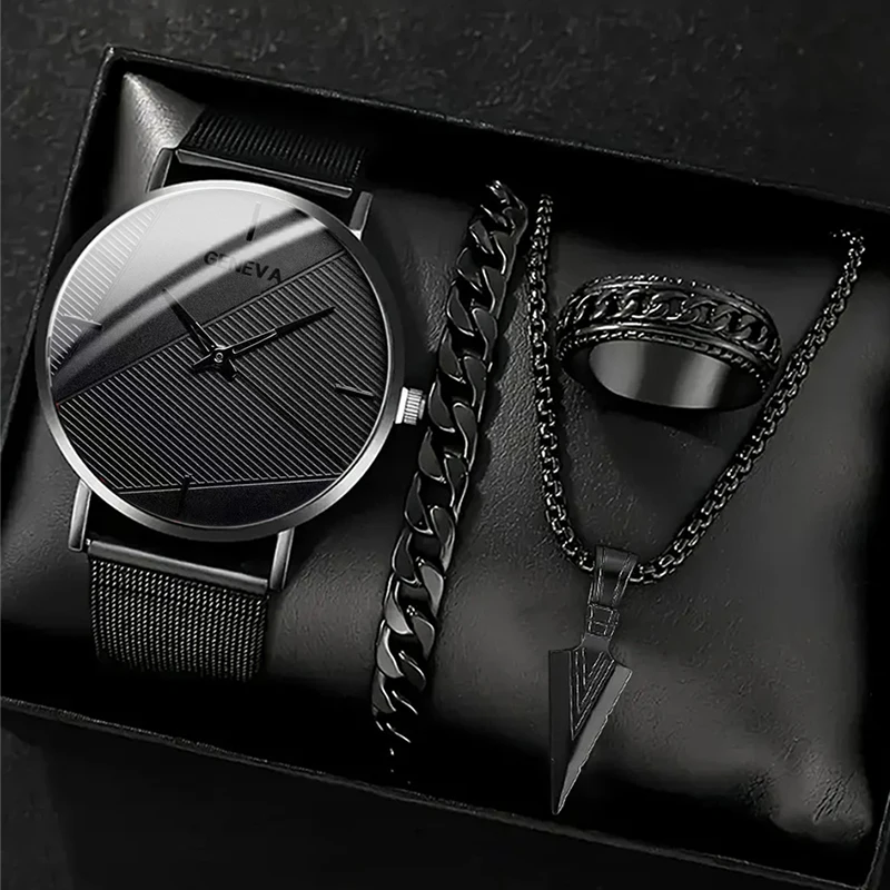 

4 шт. модные мужские роскошные кварцевые часы с подвеской в виде головы, ожерелье, браслет, кольцо, мужские деловые часы из нержавеющей стали с сетчатым ремнем