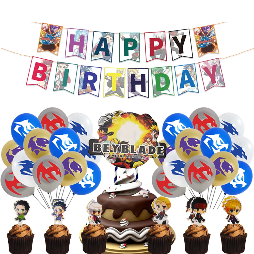 Beyblade Birthday Party Supplies Favor Plates Cups Straws Banner Cake Topper Balloons Cartoon Decorations for Boys and Girls