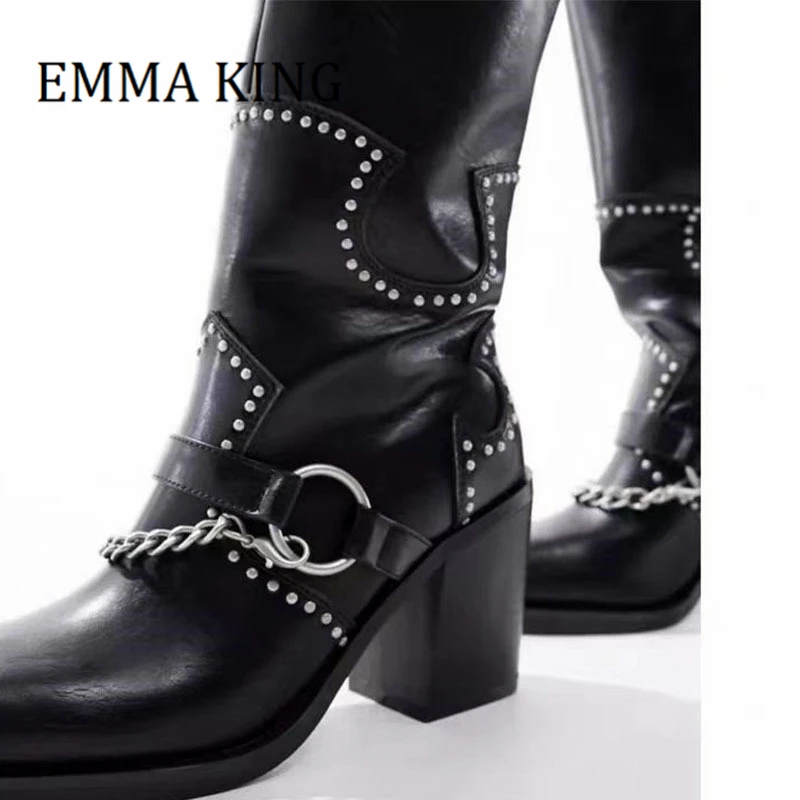 Black Square Toe Studded Knee High Boots Chain Detail Chunky Heels Long Boots Pull-on Style High Block Heel Shoes 35-43