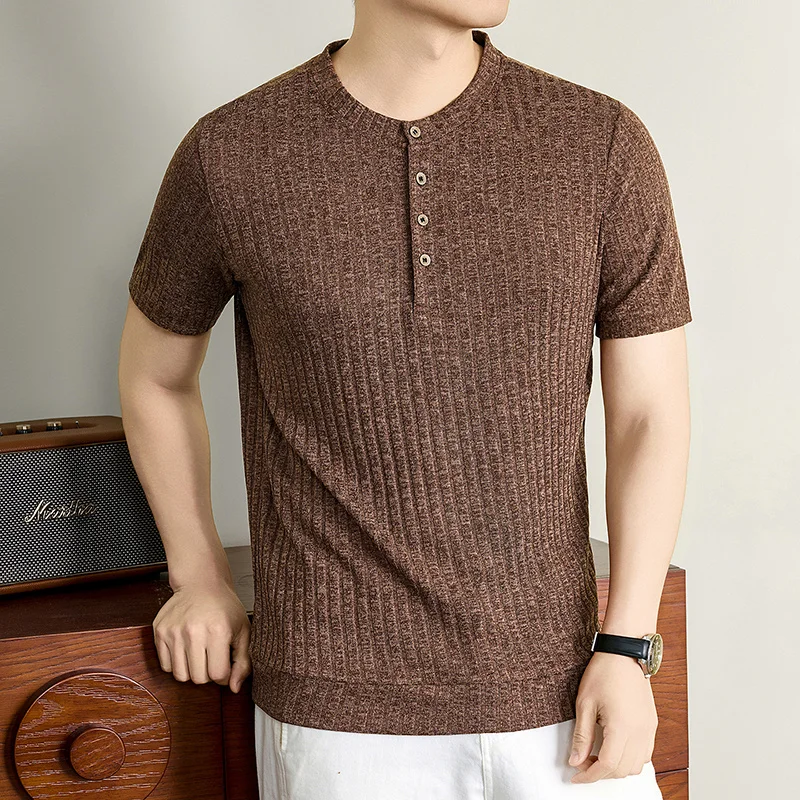 Herren Henley-Kragen Vertikal Geripptes Kurzarm-Strick-T-Shirt Lässige Oberteile Dehnbar Atmungsaktiv Knitterfrei Sommerkleidung – Detail 15
