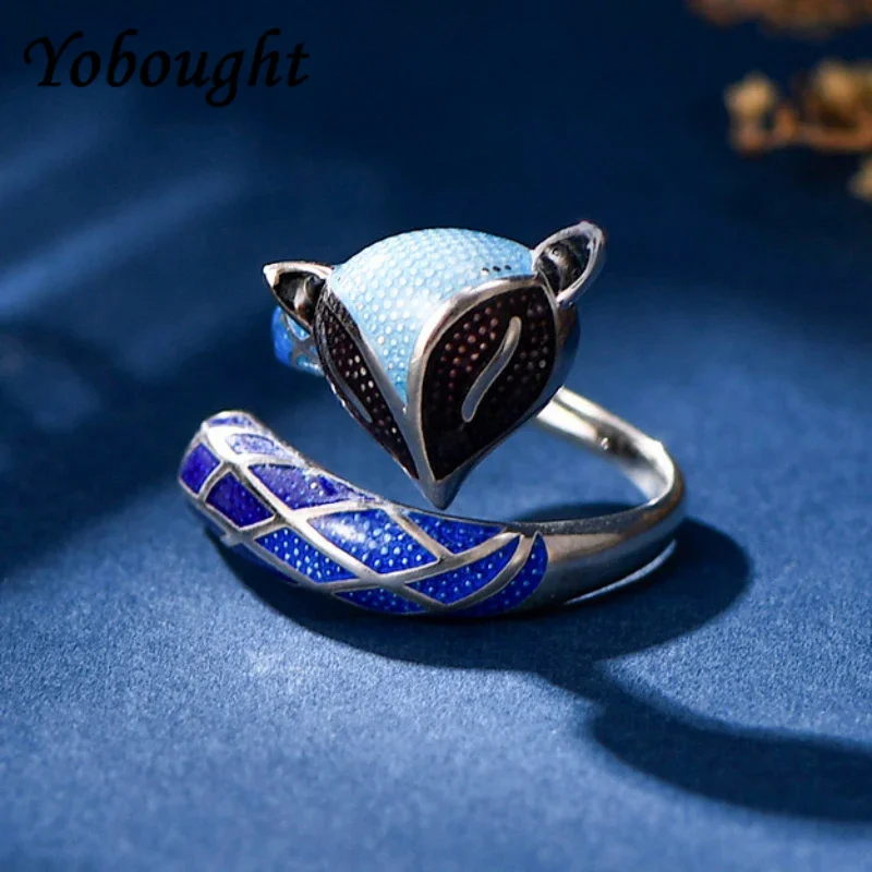 

S925 Silver Burnt Blue Fox Mouth Opening Female Retro Ethnic Minority Design Handmade Food Ring Bracelet