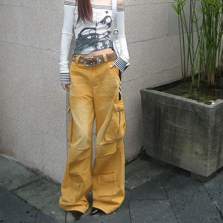 

For Summer Cargo Jean Pant Women Gradient Yellow Jeans with Pocket Casual Denim Trouser @harajuku streetwear y2k hiphop bf cloth