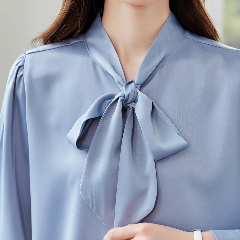 Bow Tie Shirt Women's Long Sleeve Spring Autumn Ribbon Tops Blouse Single-Breasted Solid Color Tops Blouse