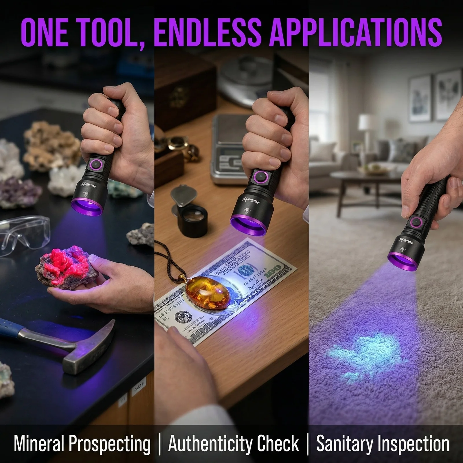 Alonefire 10W 365nm UV LED High Power Blacklight Flashlight USB Rechargeable Cat Dog Stain Pet Tinea Money Scorpion Lamp Torch