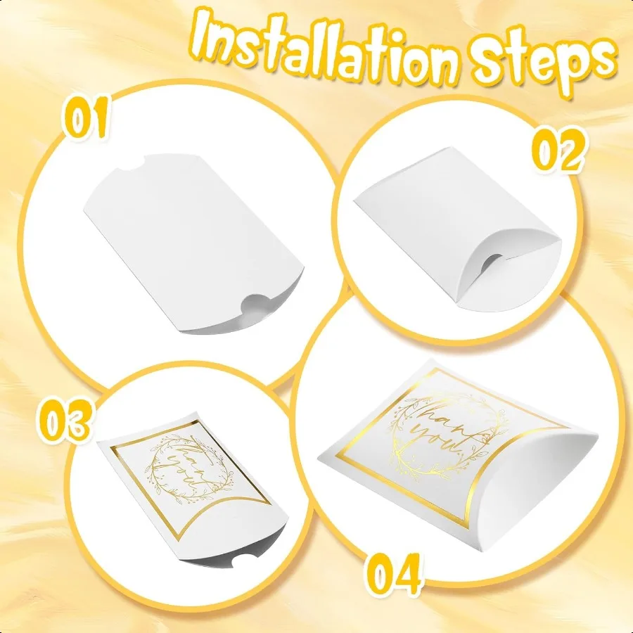 100 Pcs Thank You Pillow Boxes 3.5x2.4x1 Inch Paper White Gold