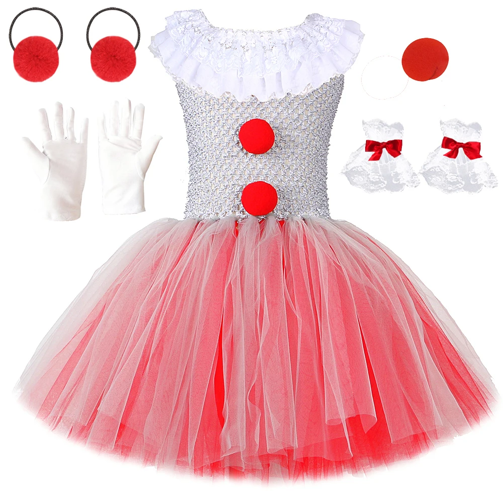 Creepy Clown Costumes for Girls Kids Halloween Pennywise Tutu Dress with Lace Collar Nose Children Funny Joker Cosplay Outfits