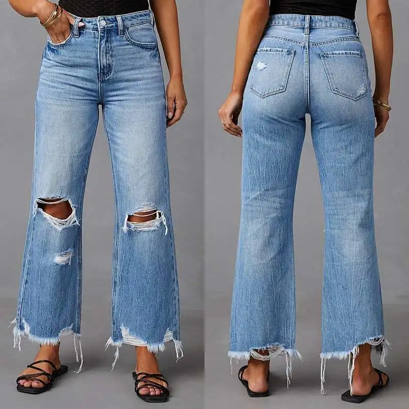 

New High-waisted Wide-leg Casual Ripped Tiedye Jeans Straight Leg Pants Summer Faion High Elastici Polyester Denim Blue