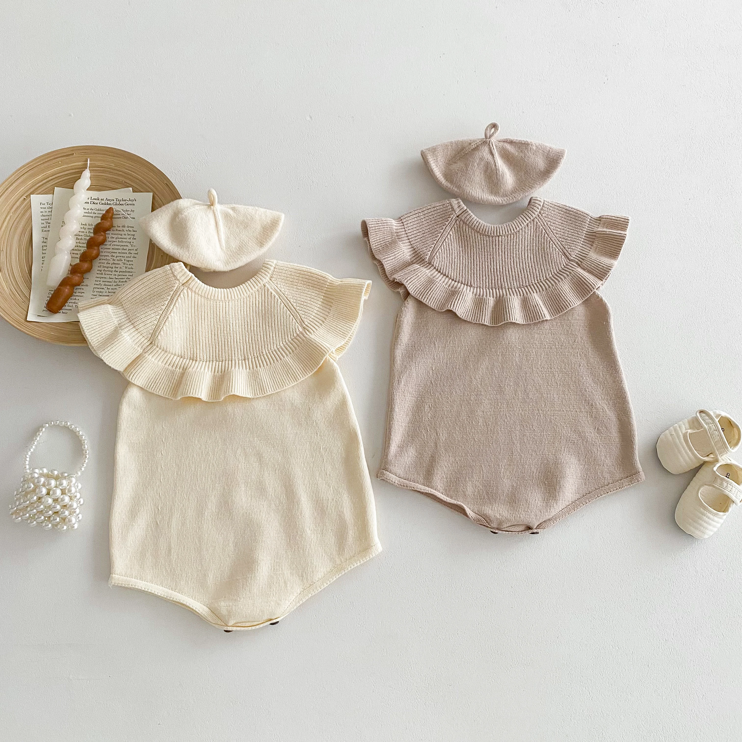 Spring  Autumn Baby Girls Knit Romper Solid Color Infant Bodysuit with Hat Sweet Baby Clothes 0-24M