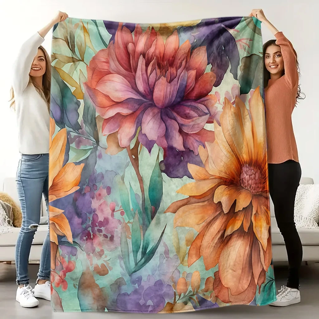 1pc Comfortable Floral Pattern Flannel Blanket | Soft High-Definition Digital Print, Cooling, All-Season Use, Polyester